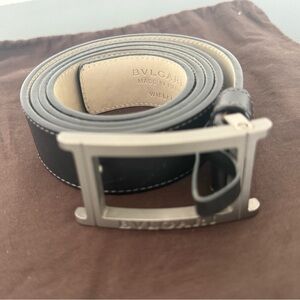 Bvlgari Black Leather Belt with Silver Buckle